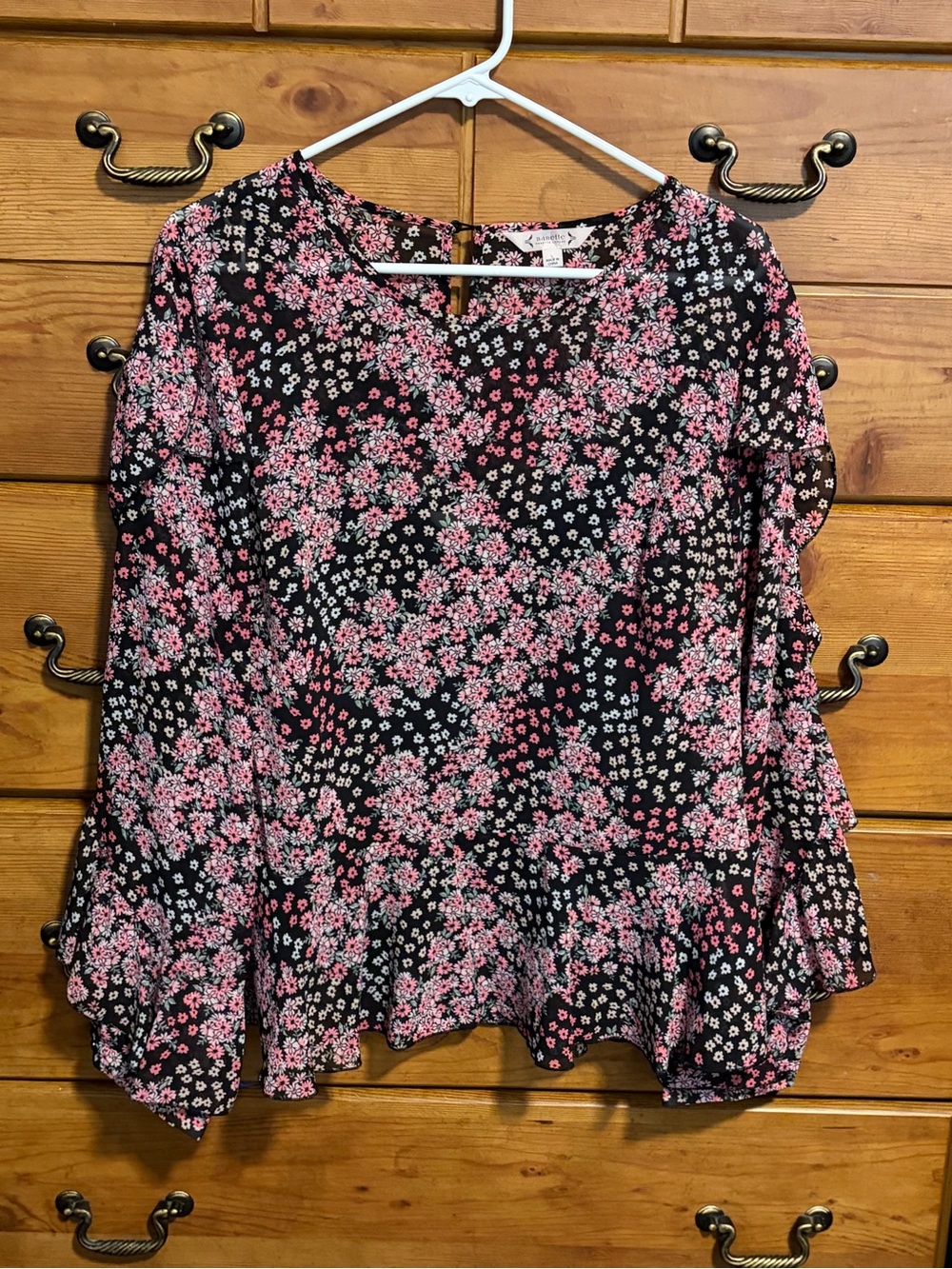 Floral Ruffle Hem Long Sleeve Top with Black Camisole - Black & Pink